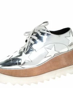 New 🌟 Stella McCartney Silver Metallic Faux Leather Indium Elyse Star Platform Derby Size 36 For 👩 Women ⌛