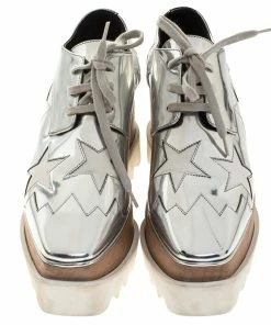 New 🌟 Stella McCartney Silver Metallic Faux Leather Indium Elyse Star Platform Derby Size 36 For 👩 Women ⌛ -Stella McCartney Shop luxury women stella mccartney used shoes p246943 007