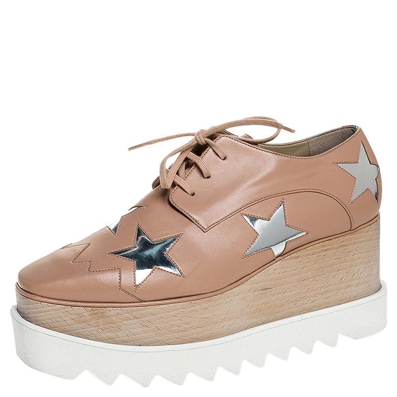 Best Sale ⭐ Stella McCartney Beige/Silver Faux Leather Elyse Star Platform Lace Up Derby Size 36.5 For 👩 Women 🔥 3 Best Sale ⭐ Stella McCartney Beige/Silver Faux Leather Elyse Star Platform Lace Up Derby Size 36.5 For 👩 Women 🔥