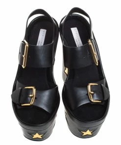 Best Pirce ✨ Stella McCartney Black Faux Leather Buckle Block Heel Star Platform 🩴 Sandals Size 37 For 👩 Women 👏 -Stella McCartney Shop luxury women stella mccartney used shoes p258685 003
