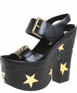 Best Pirce ✨ Stella McCartney Black Faux Leather Buckle Block Heel Star Platform 🩴 Sandals Size 37 For 👩 Women 👏