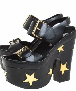 Best Pirce ✨ Stella McCartney Black Faux Leather Buckle Block Heel Star Platform 🩴 Sandals Size 37 For 👩 Women 👏 -Stella McCartney Shop luxury women stella mccartney used shoes p258685 007