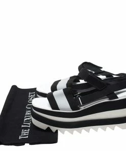 Cheapest 👍 Stella McCartney Black/White Fabric Sneak Elyse Platform 🩴 Sandals Size 35.5 For 👩 Women ✨ -Stella McCartney Shop luxury women stella mccartney used shoes p268109 008