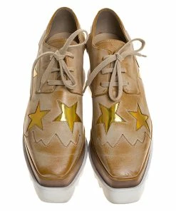 Hot Sale 🎉 Stella McCartney Beige Brushed Faux Leather Elyse Star Platform Lace Up Derby Size 36.5 For 👩 Women 👍 -Stella McCartney Shop luxury women stella mccartney used shoes p274558 003