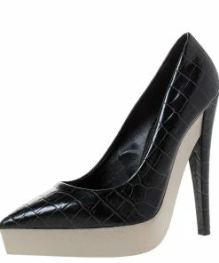 Budget 😍 Stella McCartney Black Faux Croc Embossed Leather Platform Pumps Size 38.5 For 👩 Women ✔️