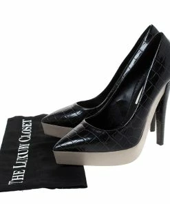 Budget 😍 Stella McCartney Black Faux Croc Embossed Leather Platform Pumps Size 38.5 For 👩 Women ✔️ -Stella McCartney Shop luxury women stella mccartney used shoes p286019 008