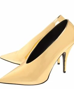 Best deal ✨ Stella McCartney Metallic Gold Faux Patent Leather V Neck Pointed Toe Pumps Size 38 For 👩 Women 🤩 -Stella McCartney Shop luxury women stella mccartney used shoes p286426 001