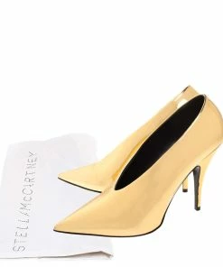 Best deal ✨ Stella McCartney Metallic Gold Faux Patent Leather V Neck Pointed Toe Pumps Size 38 For 👩 Women 🤩 -Stella McCartney Shop luxury women stella mccartney used shoes p286426 002