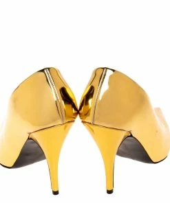 Best deal ✨ Stella McCartney Metallic Gold Faux Patent Leather V Neck Pointed Toe Pumps Size 38 For 👩 Women 🤩 -Stella McCartney Shop luxury women stella mccartney used shoes p286426 003
