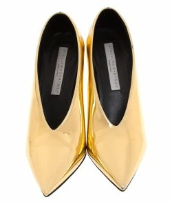 Best deal ✨ Stella McCartney Metallic Gold Faux Patent Leather V Neck Pointed Toe Pumps Size 38 For 👩 Women 🤩 -Stella McCartney Shop luxury women stella mccartney used shoes p286426 004