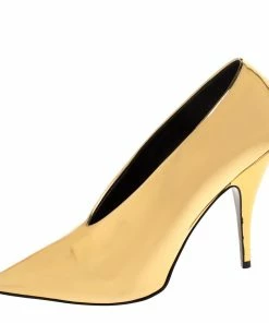 Best deal ✨ Stella McCartney Metallic Gold Faux Patent Leather V Neck Pointed Toe Pumps Size 38 For 👩 Women 🤩