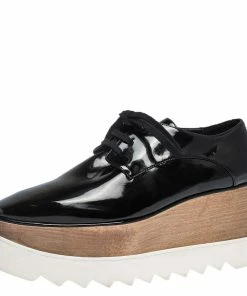 New ❤️ Stella McCartney Black Faux Patent Leather Elyse Platform Derby Size 37.5 For 👩 Women 🤩