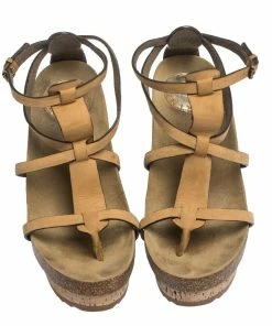 Cheapest 😍 Stella McCartney Tan Faux Nubuck Demetra Cork Wedge 🩴 Sandals Size 36.5 For 👩 Women 🔔 -Stella McCartney Shop luxury women stella mccartney used shoes p291823 004