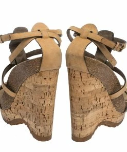 Cheapest 😍 Stella McCartney Tan Faux Nubuck Demetra Cork Wedge 🩴 Sandals Size 36.5 For 👩 Women 🔔 -Stella McCartney Shop luxury women stella mccartney used shoes p291823 005
