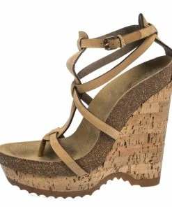 Cheapest 😍 Stella McCartney Tan Faux Nubuck Demetra Cork Wedge 🩴 Sandals Size 36.5 For 👩 Women 🔔 -Stella McCartney Shop luxury women stella mccartney used shoes p291823 006