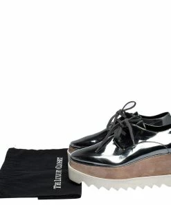 Discount ✨ Stella McCartney Metallic Silver Faux Leather Elyse Platform Low Top 👟 Sneakers Size 35.5 For 👩 Women 🌟 -Stella McCartney Shop luxury women stella mccartney used shoes p306248 007