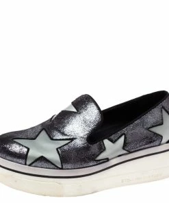 Wholesale 🧨 Stella McCartney Black Shimmery Faux Leather And Grey Satin Binx Star Platform Slip On 👟 Sneakers Size 37 For 👩 Women 💯