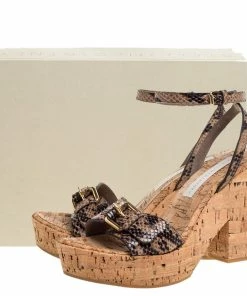 Brand new 🤩 Stella McCartney Brown/Black Python Effect Faux Leather And Cork Platform Ankle Strap 🩴 Sandals Size 38 For 👩 Women ⭐ -Stella McCartney Shop luxury women stella mccartney used shoes p347370 002