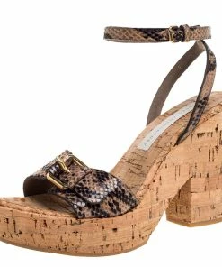 Brand new 🤩 Stella McCartney Brown/Black Python Effect Faux Leather And Cork Platform Ankle Strap 🩴 Sandals Size 38 For 👩 Women ⭐