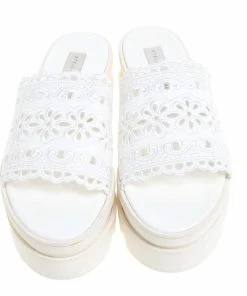 Hot Sale ✔️ Stella McCartney White Lace Cut Brocade Faux Leather Platform Slides Size 39 For 👩 Women ❤️ -Stella McCartney Shop luxury women stella mccartney used shoes p348878 003