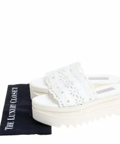 Hot Sale ✔️ Stella McCartney White Lace Cut Brocade Faux Leather Platform Slides Size 39 For 👩 Women ❤️ -Stella McCartney Shop luxury women stella mccartney used shoes p348878 008