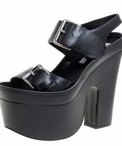 Promo 🛒 Stella McCartney Black Faux Leather Buckle Block Heel Platform 🩴 Sandals Size 38 For 👩 Women 🛒