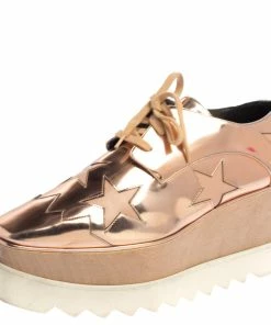 Outlet 🤩 Stella McCartney Rose Gold Faux Patent Leather Elyse Star Platform 👟 Sneakers Size 38.5 For 👩 Women 🧨