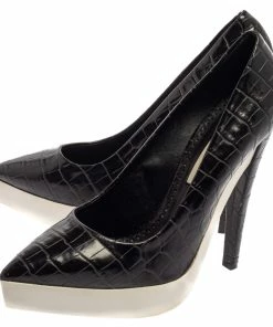 Best deal 😀 Stella McCartney Black Faux Croc Embossed Leather Pointed Toe Platform Pumps Size 39.5 For 👩 Women 😍 -Stella McCartney Shop luxury women stella mccartney used shoes p384752 006
