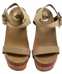 Outlet 🛒 Stella McCartney Cream Suede Ankle Strap Wedge 🩴 Sandals Size 39 For 👩 Women 😍 -Stella McCartney Shop luxury women stella mccartney used shoes p384775 006