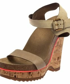 Outlet 🛒 Stella McCartney Cream Suede Ankle Strap Wedge 🩴 Sandals Size 39 For 👩 Women 😍