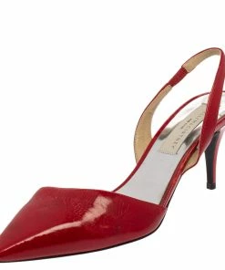 Outlet ⌛ Stella McCartney Red Faux Patent Leather Slingback Pointed Toe 🩴 Sandals Size 37.5 For 👩 Women ⌛