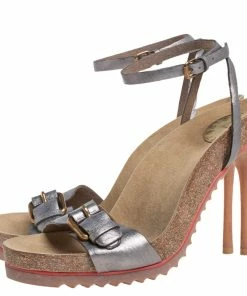 Deals 🎁 Stella McCartney Metallic Grey Faux Leather Ankle Strap 🩴 Sandals Size 38 For 👩 Women ⌛ -Stella McCartney Shop luxury women stella mccartney used shoes p405084 001