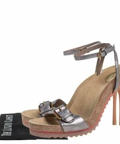 Deals 🎁 Stella McCartney Metallic Grey Faux Leather Ankle Strap 🩴 Sandals Size 38 For 👩 Women ⌛ -Stella McCartney Shop luxury women stella mccartney used shoes p405084 002