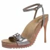Deals 🎁 Stella McCartney Metallic Grey Faux Leather Ankle Strap 🩴 Sandals Size 38 For 👩 Women ⌛