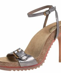 Deals 🎁 Stella McCartney Metallic Grey Faux Leather Ankle Strap 🩴 Sandals Size 38 For 👩 Women ⌛