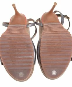 Deals 🎁 Stella McCartney Metallic Grey Faux Leather Ankle Strap 🩴 Sandals Size 38 For 👩 Women ⌛ -Stella McCartney Shop luxury women stella mccartney used shoes p405084 008