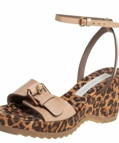 Wholesale 🥰 Stella McCartney Beige Faux Patent Leather Linda Leopard Print Cork Wedge 🩴 Sandals Size 36 For 👩 Women 🌟