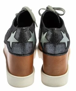 Hot Sale 🤩 Stella McCartney Metallic Grey Faux Glitter Suede Elyse Star Platform Derby Size 36 For 👩 Women 😀 -Stella McCartney Shop luxury women stella mccartney used shoes p423777 003