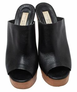 Cheapest 🎁 Stella McCartney Black Faux Leather Wooden Block Heel Platform 🩴 Sandals Size 38.5 For 👩 Women ❤️ -Stella McCartney Shop luxury women stella mccartney used shoes p440333 001