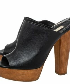 Cheapest 🎁 Stella McCartney Black Faux Leather Wooden Block Heel Platform 🩴 Sandals Size 38.5 For 👩 Women ❤️ -Stella McCartney Shop luxury women stella mccartney used shoes p440333 009