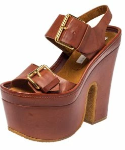 Flash Sale 🧨 Stella McCartney Brown Faux Leather Block Heel Platform 🩴 Sandals Size 35 For 👩 Women 🔥