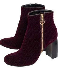 Outlet 💯 Stella McCartney Burgundy Woven Velvet Block Heel Ankle Booties Size 38 For 👩 Women 🌟 -Stella McCartney Shop luxury women stella mccartney used shoes p465462 002