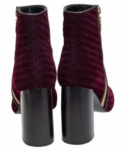 Outlet 💯 Stella McCartney Burgundy Woven Velvet Block Heel Ankle Booties Size 38 For 👩 Women 🌟 -Stella McCartney Shop luxury women stella mccartney used shoes p465462 003