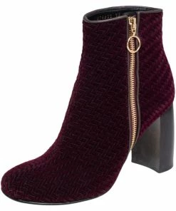 Outlet ๐ฏ Stella McCartney Burgundy Woven Velvet Block Heel Ankle Booties Size 38 For ๐ฉ Women ๐