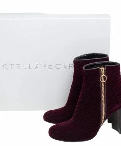 Outlet 💯 Stella McCartney Burgundy Woven Velvet Block Heel Ankle Booties Size 38 For 👩 Women 🌟 -Stella McCartney Shop luxury women stella mccartney used shoes p465462 008