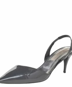 New ✔️ Stella McCartney Dark Grey Faux Patent Leather Slingback 🩴 Sandals Size 37 For 👩 Women 💯