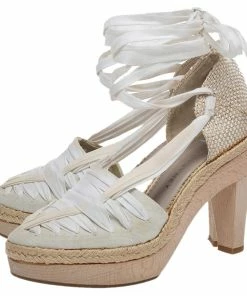Brand new 🎉 Stella McCartney White Fabric And Canvas Platform Ankle Wrap Pumps Size 37.5 For 👩 Women ❤️ -Stella McCartney Shop luxury women stella mccartney used shoes p481658 001