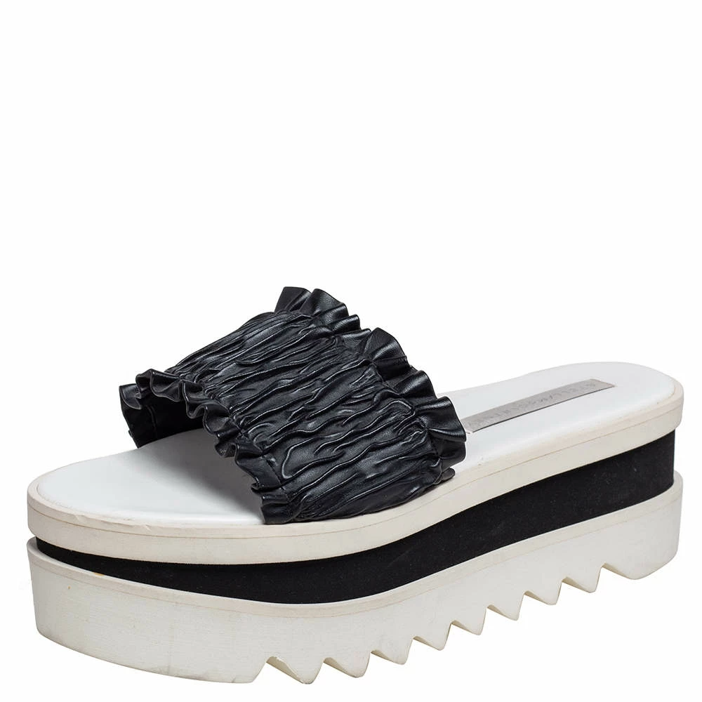 Promo ⭐ Stella McCartney Black Ruffle Faux Leather Platform Slide 🩴 Sandals Size 39 For 👩 Women 😉 3 Promo ⭐ Stella McCartney Black Ruffle Faux Leather Platform Slide 🩴 Sandals Size 39 For 👩 Women 😉