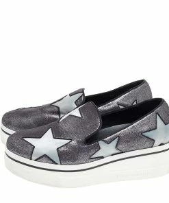 Coupon 🎉 Stella McCartney Metallic Grey Faux Suede And Satin Binx Star Platform Slip On 👟 Sneakers Size 38 For 👩 Women 😀 -Stella McCartney Shop luxury women stella mccartney used shoes p492808 001