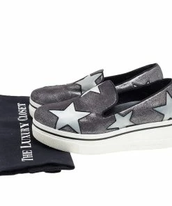 Coupon 🎉 Stella McCartney Metallic Grey Faux Suede And Satin Binx Star Platform Slip On 👟 Sneakers Size 38 For 👩 Women 😀 -Stella McCartney Shop luxury women stella mccartney used shoes p492808 004
